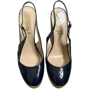YSL Yves Saint Laurent Wedge Patent Leather Cork Pumps Slingback Navy Size 37